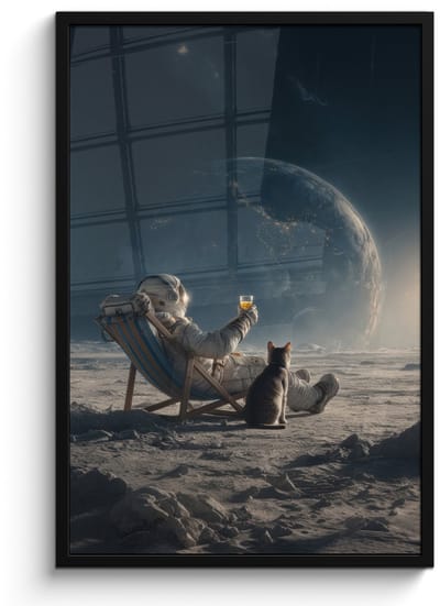 Poster in lijst - Fotolijst 60x90 cm - Posters - Maan - Kat - Astronaut - Ruimte - Posterlijst zwart - Decoratie - Wanddecoratie woonkamer - Muurdecoratie slaapkamer