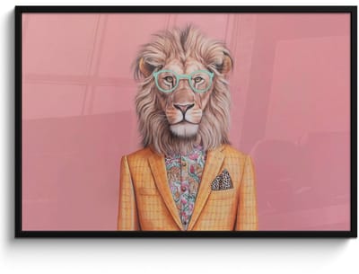 Poster in lijst - Fotolijst 120x80 cm - Posters - Leeuw - Pak - Geruit - Bril - Posterlijst zwart - Decoratie - Wanddecoratie woonkamer - Muurdecoratie slaapkamer
