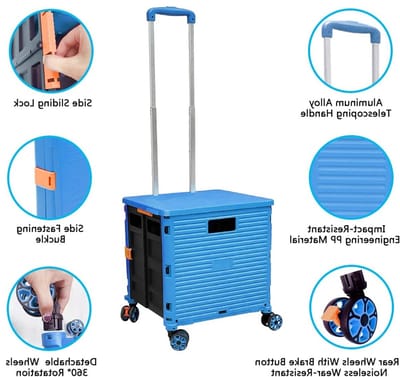 Vouwbare boodschappentrolley met deksel, slijtvast, geruisloos en 360° draaibare wielen, verstelbare aluminium handgreep, opvouwbare koffer trolley met 45 kg laadcapaciteit, ideaal voor boodschappen en reizen