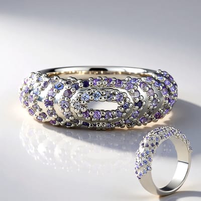 Cavill - Zilveren Ring met 84 Tanzanieten - 925 Sterling Zilver Platinaverzilverd - 0 727 ct - Elegante Brede Ring Lavendel Paars
