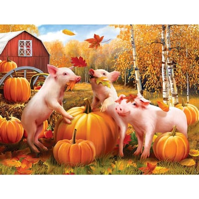 Kits de broderie au point de croix en mosaïque de diamant « Cochons et citrouilles d'automne » Broderie au diamant animal 20X30CM beige