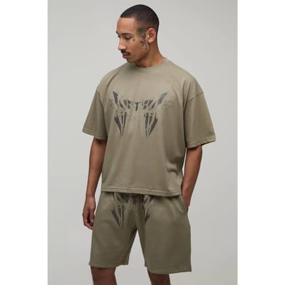 Oversized Boxy T-shirt Met Studs & Relaxed Short Set | Khaki | Size XS