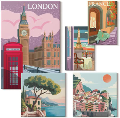 Wallfluent Set van canvas schilderijen - Europese steden, iconen van cultuur en architectuur Canvas Schilderijen Set - Set van 5 Canvas Schilderijen - Veelkleurig Set van Canvas Prints - Steden Canvas Kunst Set - Boheemse Canvas Kunst Set