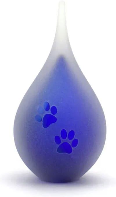 Urn Mini Glas Druppel Blauw met standaard Frosted Afbeelding van Pootafdruk Pootje Hond of Kat Huisdier Gezandstraald 50ml Deelbewaring van as F-U01DB-POO