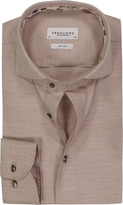 Profuomo slim fit heren overhemd - twill - beige melange - Strijkvriendelijk - Boordmaat: 41