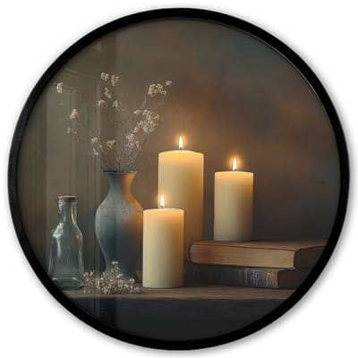 Poster in lijst Rond - Fotolijst 40x40 cm - Posters - Kaarsen - Stilleven - Rustiek - Boeken - Ronde posterlijst zwart - Decoratie - Wanddecoratie woonkamer - Muurdecoratie slaapkamer