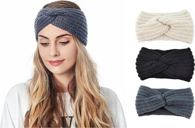 3 Stuks Gebreide Dames Winter Haarbanden / Oorwarmers – Zwart, Crème en Grijs