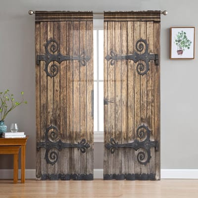Houten Deur Stenen Muur Shabby Retro Tule Gordijnen voor Woonkamer Decoratie Modern Chiffon Transparant Voile Keuken Slaapkamer Gordijn 1 PCS W100XH250cm&Grommet Top beige