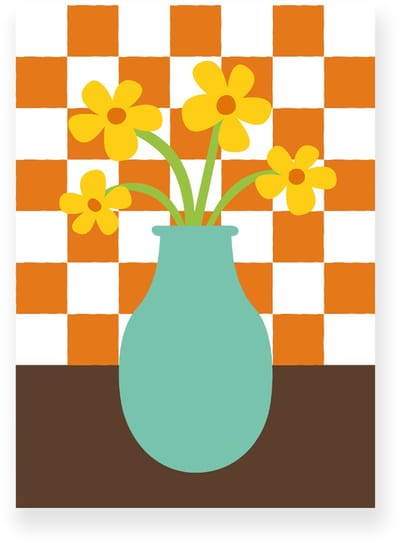 Poster 20x30 cm - Vaas met Bloemen - Geblokte Tegels - Turquoise - Oranje - Vintage - Eclectisch - Muurdecoratie - Wanddecoratie