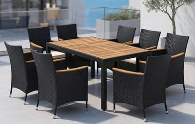 Tuinset 9-Delig voor 8 Personen – Polyrotan Tuinmeubelset met Acaciahouten Tafelblad & Parasolgat, 8 Stoelen met Kussens, Luxe Eetset voor Tuin/Terras – Zwart – GardenDining Deluxe – Urbanhome