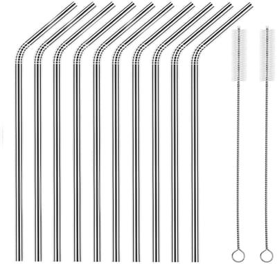 Verpakking van 10 stuks, roestvrijstalen rietjes, gebogen herbruikbare Huaqi-rietjes, 26,5 cm lang, 0,6 cm in diameter, geschikt voor bekers van 850 ml en 590 ml, inclusief 2 reinigingsborstels (10 gebogen rietjes + 2 borstels)