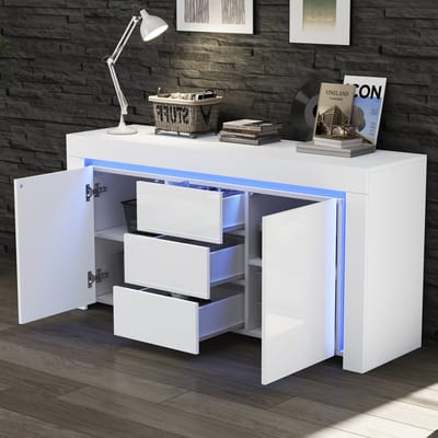 DESMIU Dressoir - Hoogglans Opbergkast Met Ledverlichting - 2 Deuren En 3 Lades Voor Woonkamer Hal En Kantoor - MDF - 140x40x65 Cm - Wit