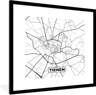 Fotolijst incl. Poster Zwart Wit- Stadskaart – Zwart Wit - Kaart – Tienen – België – Plattegrond - 40x40 cm - Posterlijst