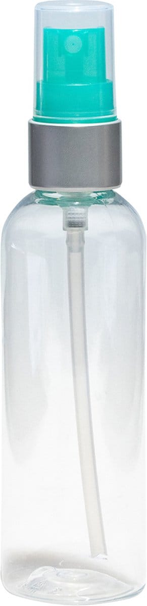 Lege Plastic Fles 100 ml boston round - transparant - met luxe zilveren verstuiverdop - set van 10 stuks - blauw groen spraypomp - leeg - navulbaar