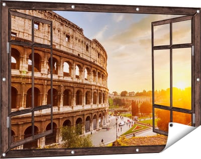 Gards Tuinposter Doorkijk Colosseum bij Zonsondergang in Italïe - 120x80 cm - Tuindoek - Tuindecoratie - Wanddecoratie buiten - Tuinschilderij
