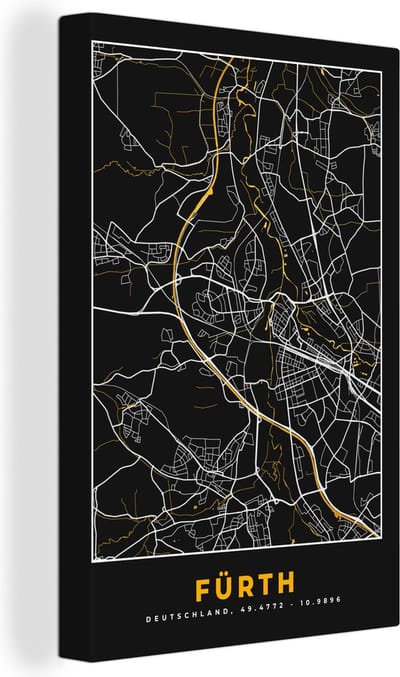Canvas Schilderij Black and Gold – Stadskaart – Fürth – Duitsland – Plattegrond – Kaart - 20x30 cm - Wanddecoratie