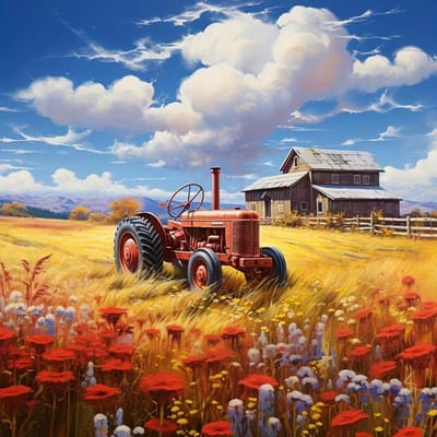 diamond painting tractor op het land waar het koren hoog staat met bloemen omringd 20 x 20 cm