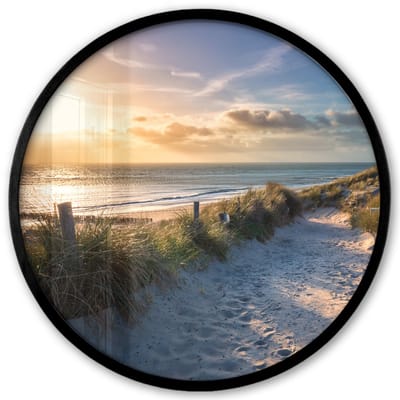 Poster in lijst Rond - Fotolijst 40x40 cm - Posters - Zonsondergang - Strand - Duin - Gras - Bank - Ronde posterlijst zwart - Decoratie - Wanddecoratie woonkamer - Muurdecoratie slaapkamer