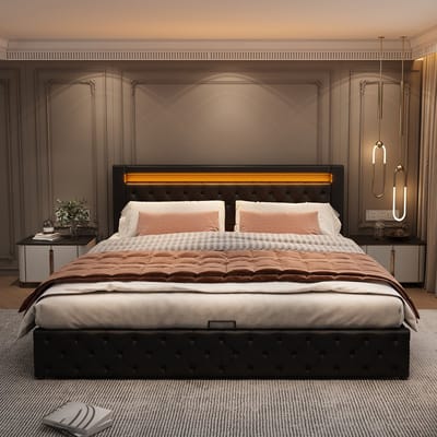 VVBV Gestoffeerd Bed met Opbergruimte 140x200 cm met LED-Verlichting, Lattenbodem - Opbergruimte - PU-leer Zwart