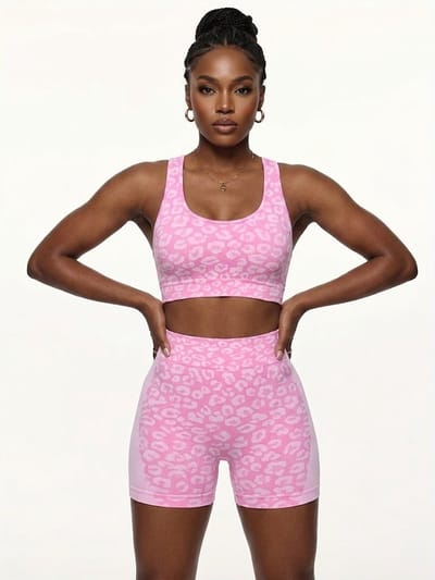 Helder roze dames sportset fitnesskleding naadloos met hoge taille sport shorts en sport bh luipaard patroon yoga fitness hardlopen set maat M