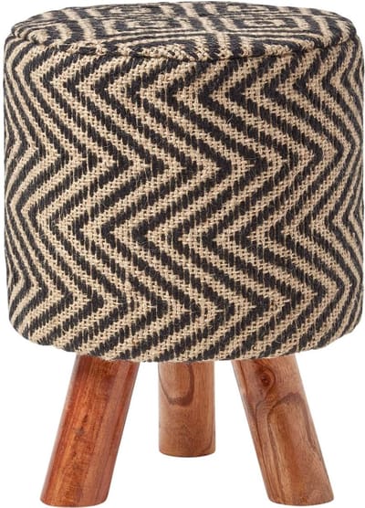 Homescapes Ronde jute kruk met houten poten – etnisch patroon zwart-naturel, 32 x 32 x 42 cm