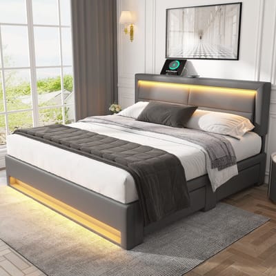 REDOM Ledikant 140x200 cm – PU-kunstleer grijs – Met draadloos laden, LED & 4 lades – Modern