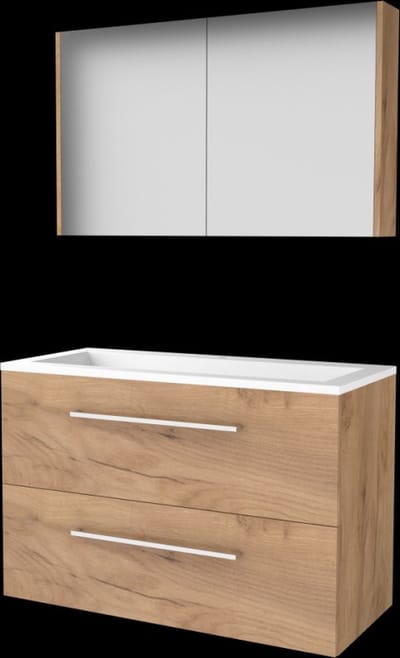 Basic Comfort 46 badmeubelset met spiegelkast, wastafelonderkast met grepen, 2 lades en acryl wastafel met 1 kraangat 100 x 46 cm, whisky oak