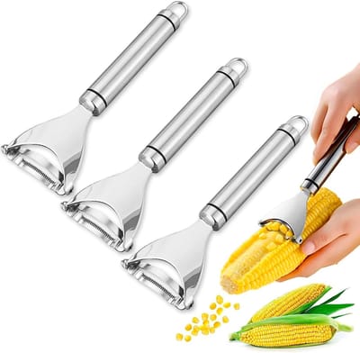 Maïskorrelverwijderaar - 3 stuks - roestvrij staal - ergonomisch handvat - snel en veilig maïskorrels verwijderen - keukenhulpje - voor thuiskeuken/barbecue/salade/soep - zilverkleurig - standaardmaat - 3-delige set