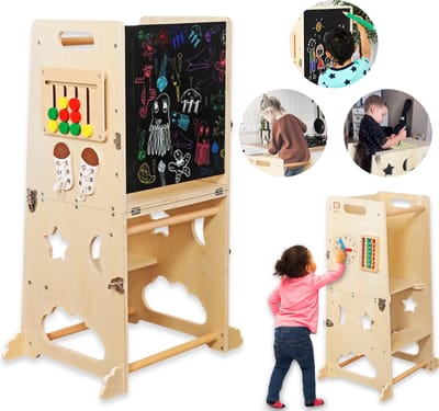 Di&To - 4-in-1 leertoren - Learning Tower - Kindertrapje Keukenhulp - Leer Toren Opvouwbaar - Montessori Leertoren - Inclusief klok, rekenhulp, veters strikken, kleurensortering