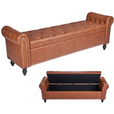 VEVOR Ottoman Bank (460 x 1660 x 560 mm) van PU-leer met houten poten & opbergruimte & knoopsluiting, moderne schoenenbank met een draagvermogen van 300 kg, bedbank slaapkamerbank voor de woonkamer eetkamer bruin