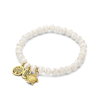 CO88 Collection 8CB-90976 Stalen Armband - Dames - Kralen - Agaat - Wit Streep - 6 mm Doorsnee - Hanger - Schildpad - 15 mm Doorsnee - Levensboom - 10 mm Doorsnee - Rekbaar - 18 cm - Staal - Goudkleurig