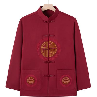 Jacket voor Mannen van Middelbare Leeftijd en Ouderen Zhongshan Pak Papa Tang Pak Chinese Stijl Lente en Herfst Jas Verjaardagskleding Opa Tai Chi Pak 4XL rood
