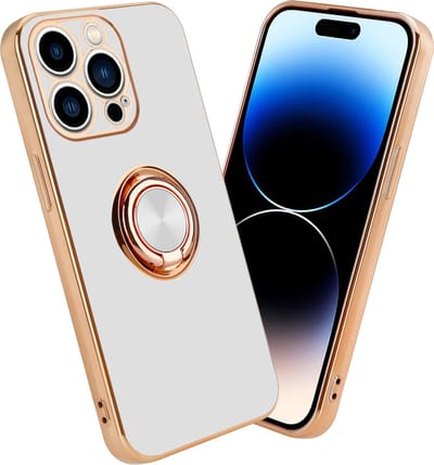 Cadorabo Hoesje geschikt voor Apple iPhone 14 PRO in Glossy Wit - Goud met ring - Beschermhoes van flexibel TPU-silicone Case Cover met camerabescherming en magnetische autohouder