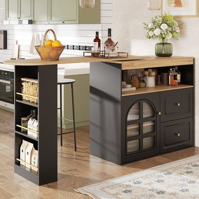 BLACKCOLORS 360° draaibaar meubel, eenvoudig en modern, geschikt voor de slaapkamer, woonkamer, eetkamer, 2 lades, snackplank, open opbergvak, draaibaar buffet met planken en gebold glas, zwart