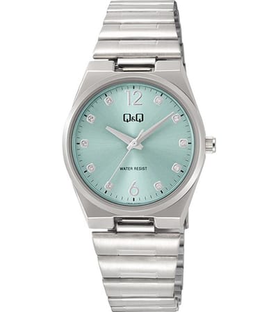 Q&Q Q84B-002PY - Horloge - Polshorloge - Analoog - Dames - Vrouwen - stalen band - Metaal - Overig - Cijfers - Stippen - Briljanten - Zilverkleurig - Turkoois Groen