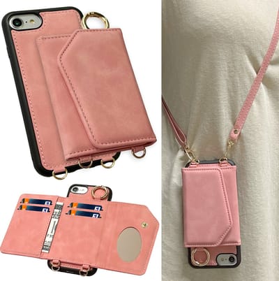 Casemania Hoesje Geschikt voor Apple iPhone SE (2022 / 2020) - 7 / 8 - Pale Pink - Luxe Telefoonhoes met Koord - Wallet Case met Spiegeltje en Pasjeshouder - Crossbody Draagbaar Alles-in-één Back Cover