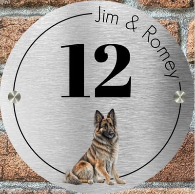 Naambordje / huisnummer voordeur hond Tervuerense herder rond 20 cm rvs look