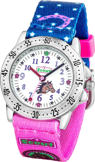 Scout Kinderuhr analog aus der Serie "Action" mit pink dunkelblauem Textilband mit Pferde-Motiv und Quarzwerk