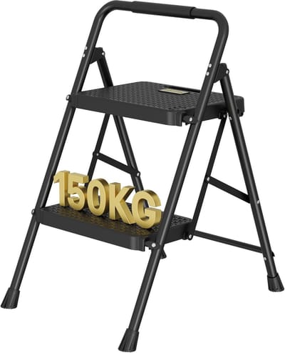 Famanu – Stalen trapladder met 2 treden brede antislip pedalen comfortabele sponsstuur handgreep
