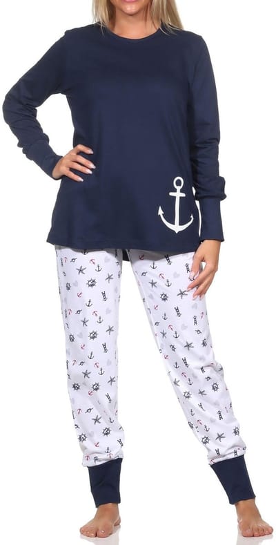Lange Normann damespyjama met manchetten in nautische look - ook in grote maten