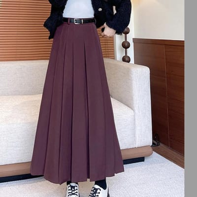 Grijze Geplooide Pakrok voor Dames in Lente en Herfst Hangende Rok Hoge Taille Casual Grote Zwaaiende A-lijn Over-de-knie Midi-lengte Rok XL brown