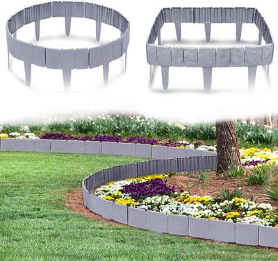Gazonrand Kunststof - Perkkrand Maairand - Tuin Decoratie - Imitatie Steenstructuur - 5m 20 Stuks - Grijs