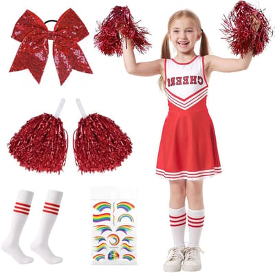 Cheerleader Kostuum voor Kinderen en Volwassenen met Pompoms, Strikken en Sokken voor Carnaval en Halloween