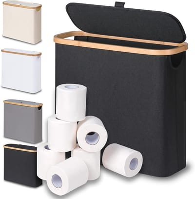 Toiletpapieropbergmand met deksel van bamboe, badkamerorganizer voor 9-12 rollen toiletpapier, ideaal voor kleine ruimtes en efficiënt opbergen