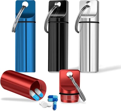 4 Stuks Kleine Pillendoos Sleutelhanger - Draagbare Waterdichte Pillenorganizer van Aluminium voor Reizen en Kamperen, Compact en Handig voor Buitenactiviteiten