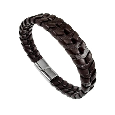 21cm Armband Heren - Zilverkleurig RVS en Donkerbruin Leer Armband - Gevlochten Armband