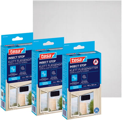 tesa INSECT STOP H&L Fly Screen for Window - hor met klittenband, op maat snijden, zonder boren, antraciet - 3x 110 x 130 cm