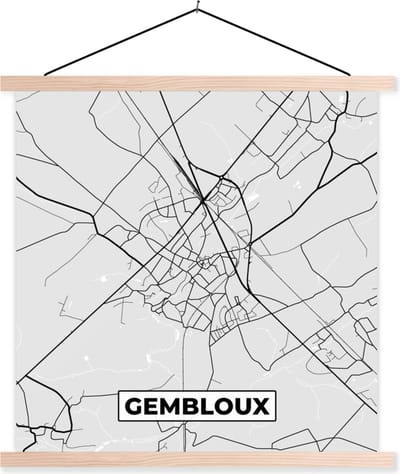 Posterhanger incl. Poster 40x40 cm - Schoolplaat - Zwart Wit – België – Plattegrond – Stadskaart – Kaart – Gembloux - Textielposter - Blanke latten - Stadskaart