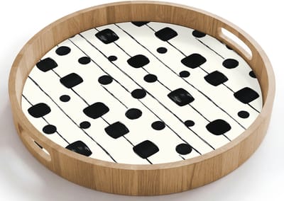 Dienblad rond 40x40 cm - Schootdienblad hout - Grafisch - Modern - Zwart - Borrelplank rechthoek - Plateau houten dienbladen