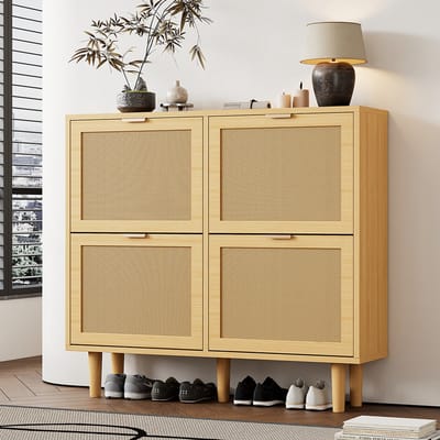 Komhtom Schoenenkast met 4 neerklapbare lades, rieten schoenenkast met metalen handgrepen, schoenenrek voor de gang, slaapkamer, appartement, houten meubels, cottage-stijl, afmetingen: 100 x 25 x 90 cm